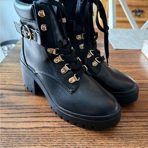 Wild Pair Black Lace-Up Boots with Gold Accents